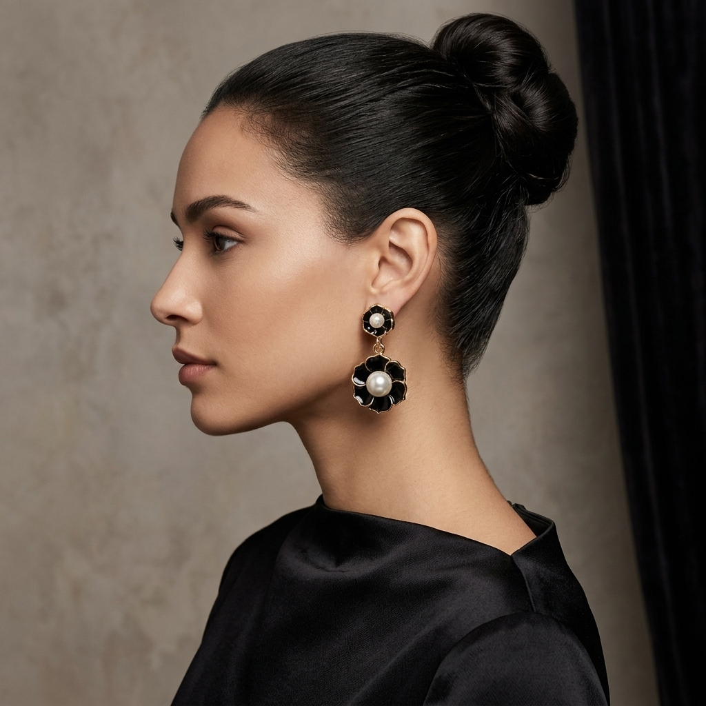 Black Enamel Floral Pearl Statement Earrings