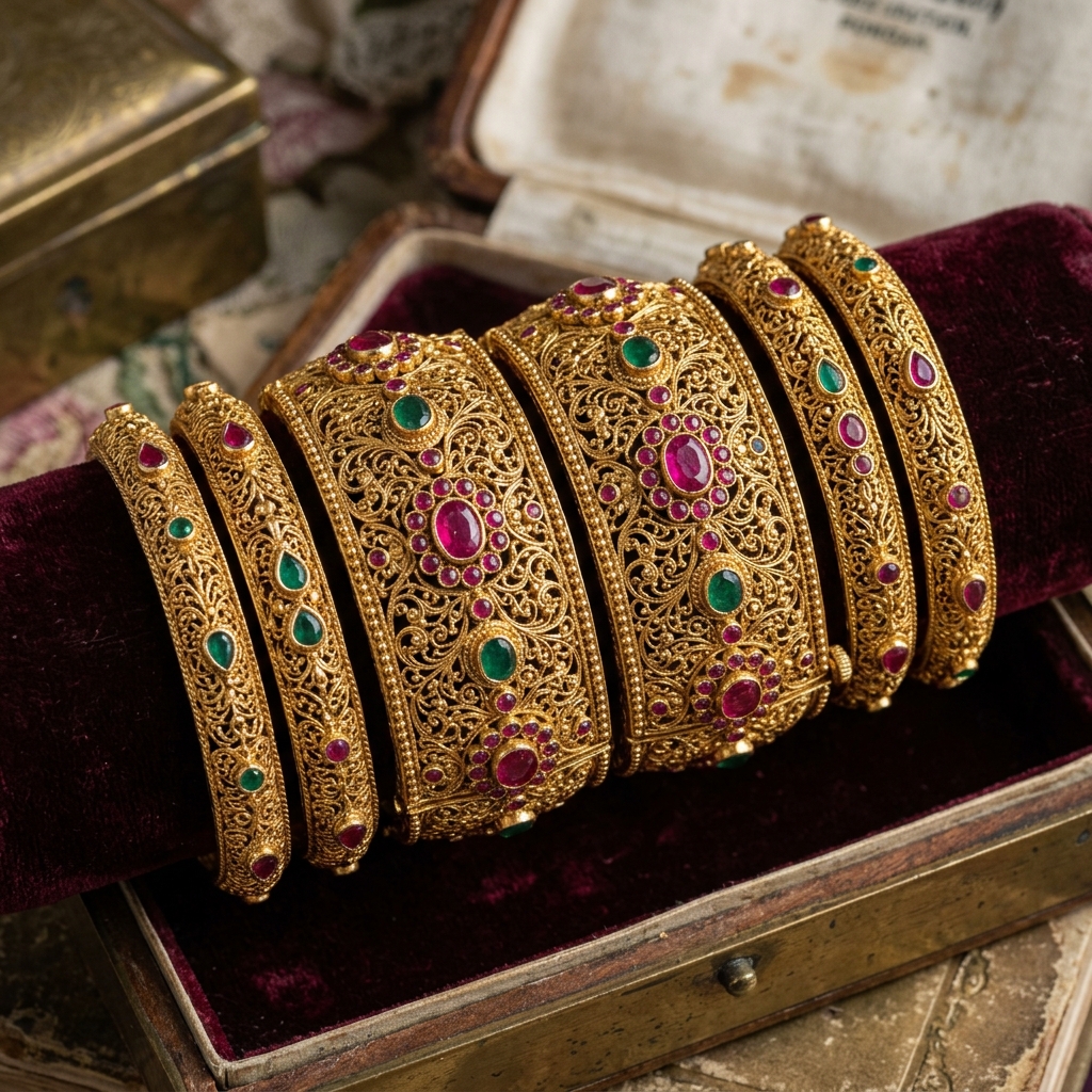 Antique Gold Polish Kemp Filigree Kada & Bangle Set