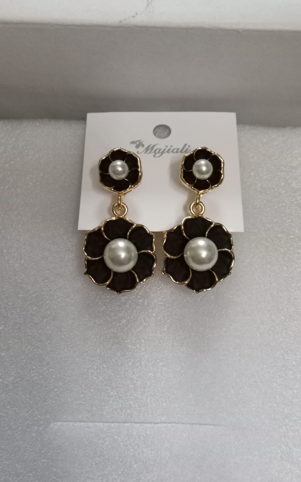 Black Enamel Floral Pearl Statement Earrings