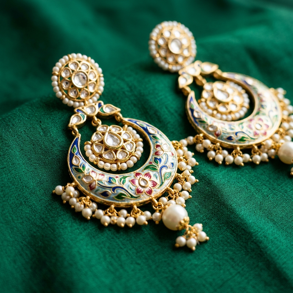 Handcrafted Meenakari & Kundan Crescent Chandbali Earrings